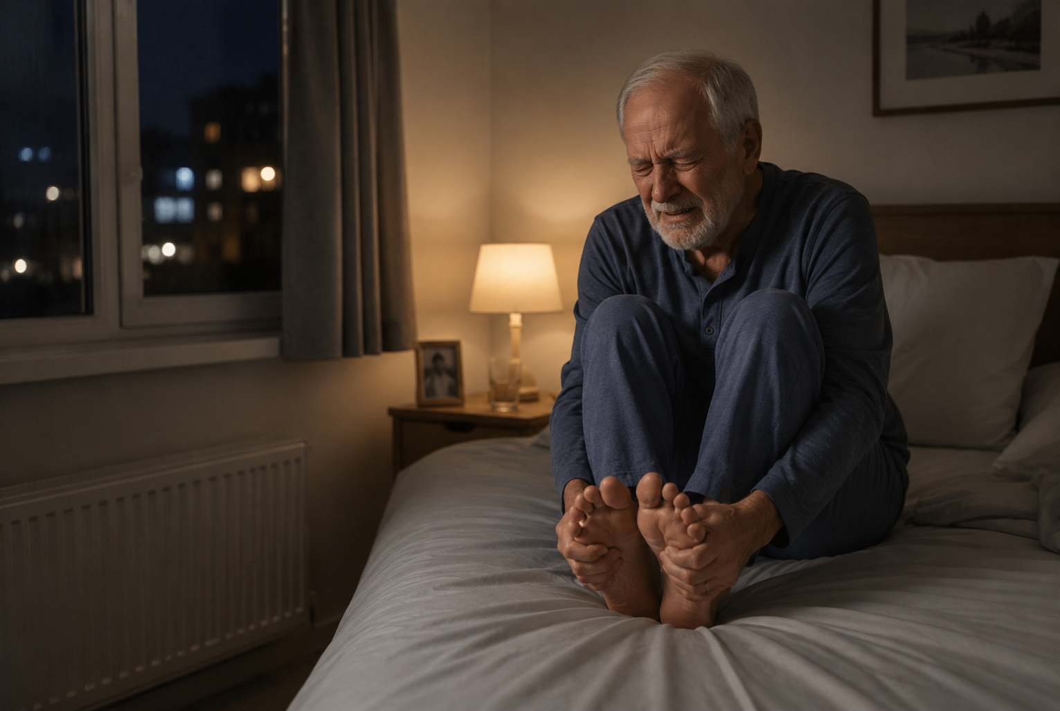 Älterer Mann sitzt nachts wach im Bett, weil seine Füße brennen