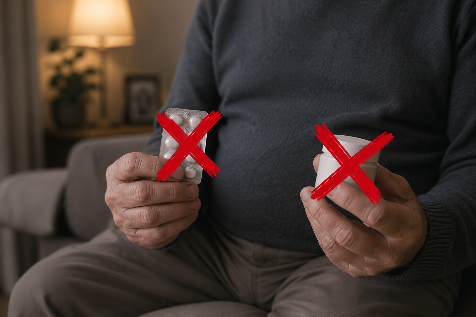 Älterer Mann hält Tabletten und eine Dose in den Händen, beide rot durchgestrichen